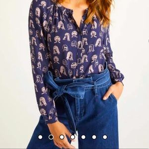 Boden Naomi blouse navy button down faces print 16